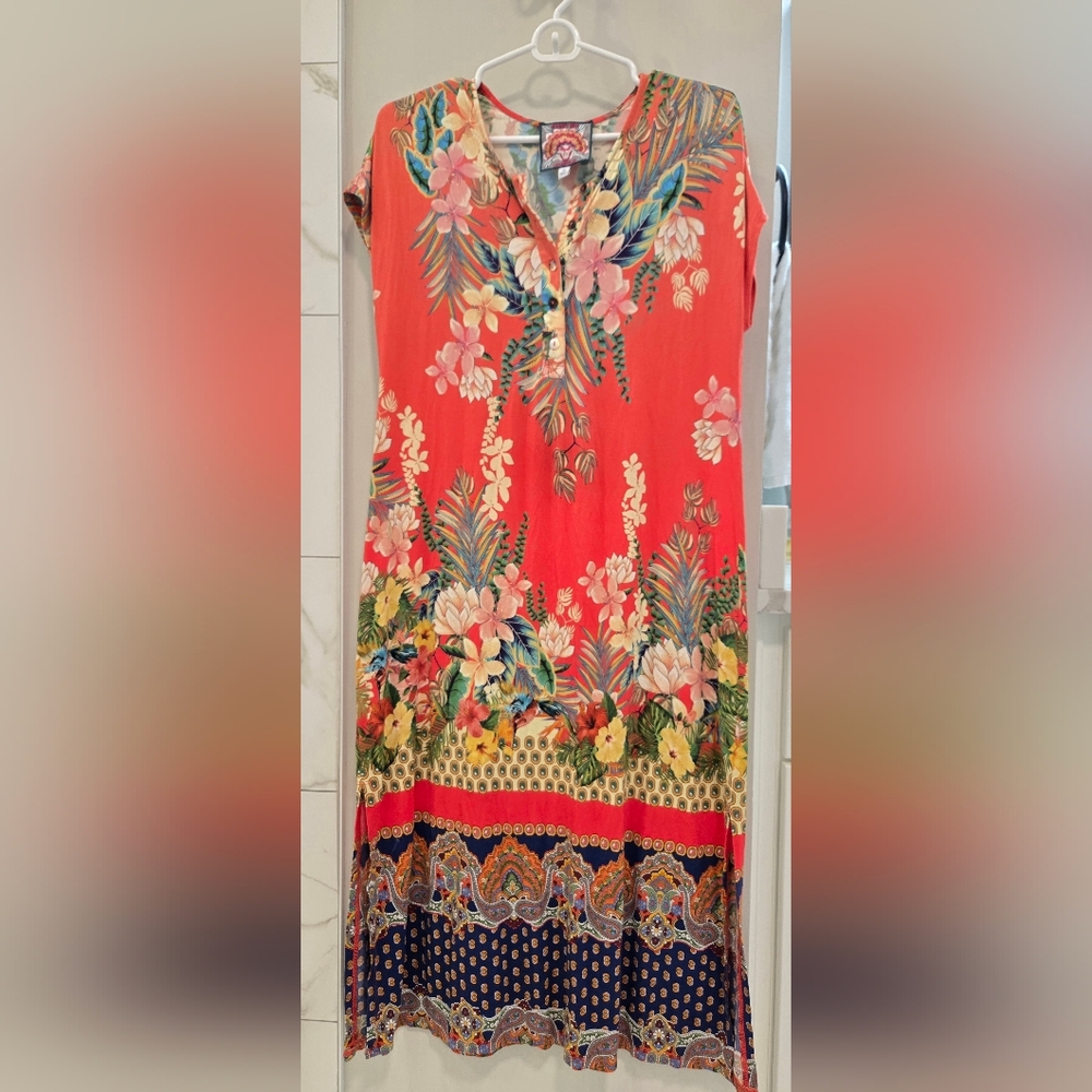 Johnny Was Rapsodia Oversized Multicolor Floral Henley Flowy Maxi Dress Size XS